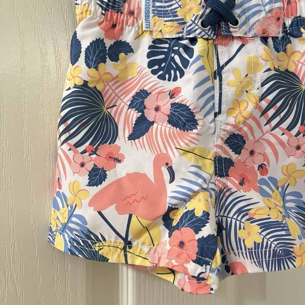 RuffleButts RuggedButts Tropical Flamingo Swim Trunks UPF 50+ Boys 6-12 Mos NWT